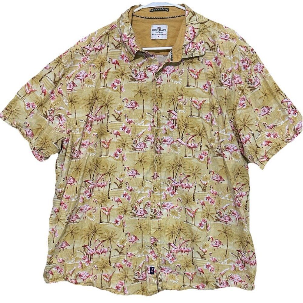 Ditch Plains Ricky Singh Hawaiian Shirt Mens 2XL Yellow Flamingo Tropical Beach